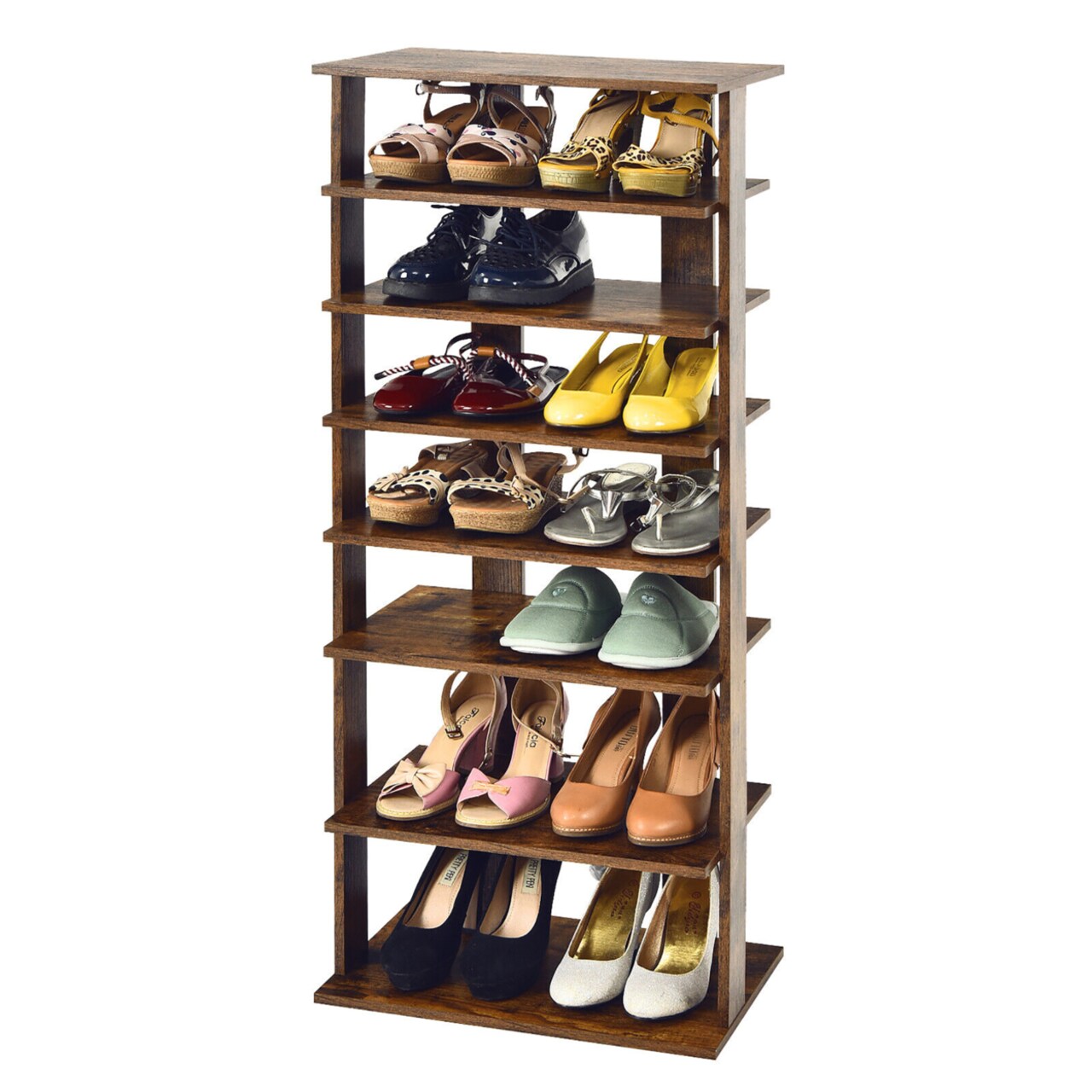 Gymax Patented 7-Tier Double Shoe Rack Free Standing Shelf Storage Tower  Rustic Brown